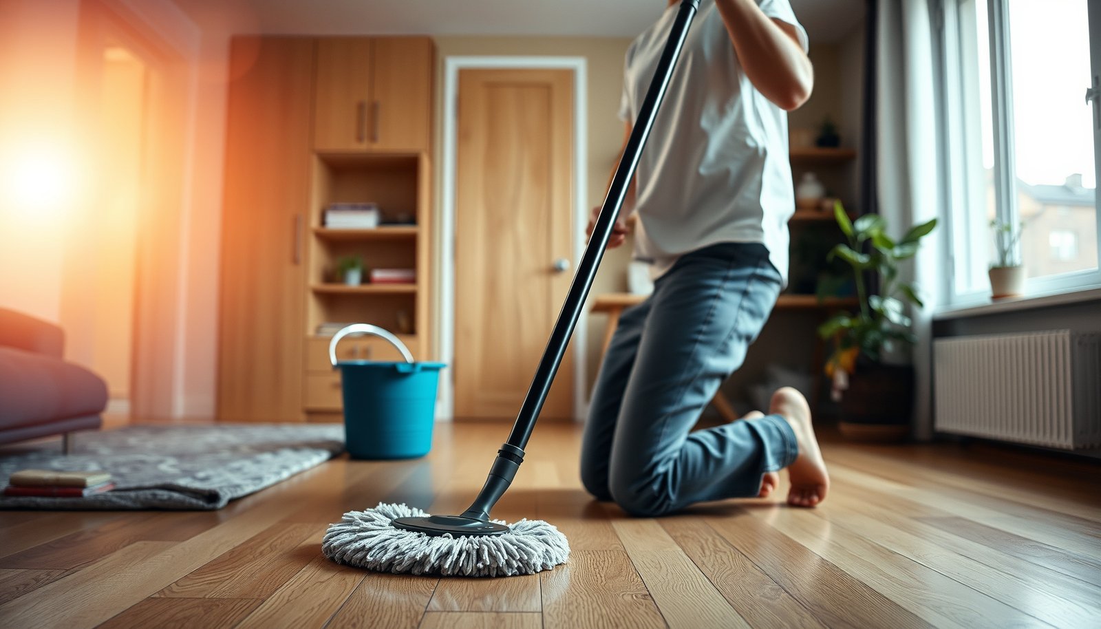 Step-by-step guide on how to clean laminate floors in a home office setting.