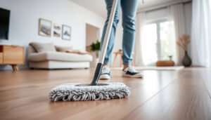 Step-by-step guide on how to clean laminate floors in a living room.