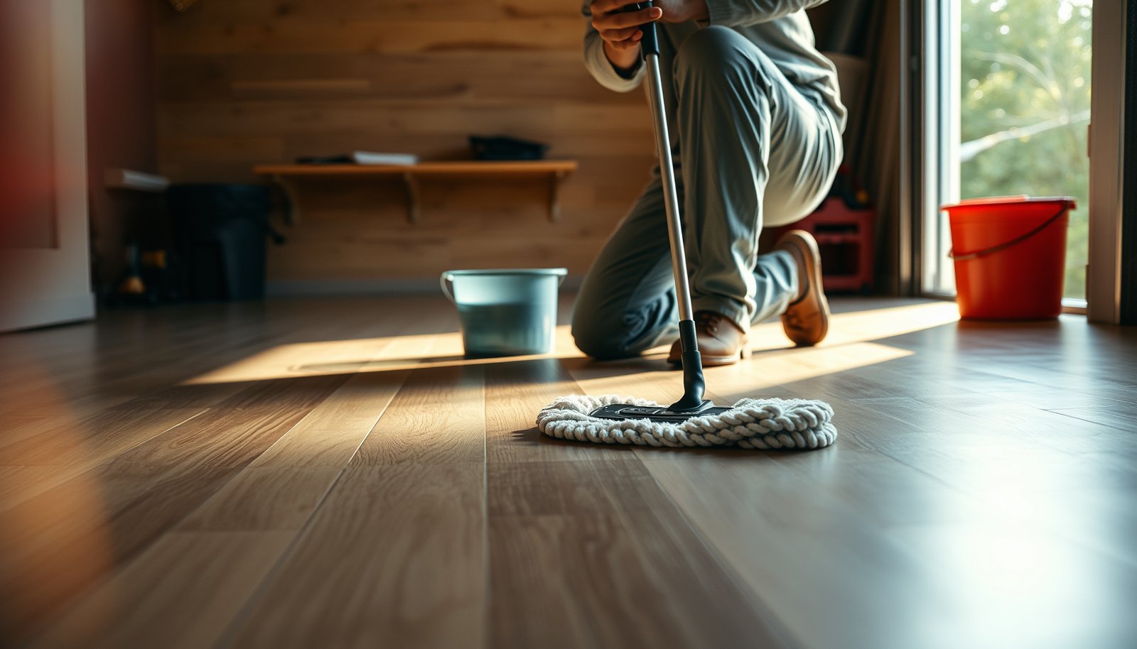 Step-by-step guide for cleaning laminate floors in a garage with essential tools and techniques.