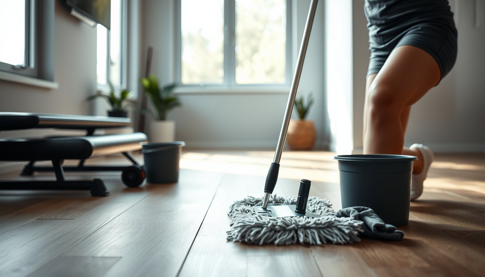 A person cleaning laminate floors in a home gym with a mop and cleaning solution.