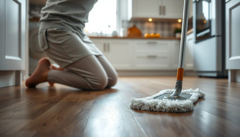 Step-by-step guide on how to clean laminate floors in a kitchen effectively.