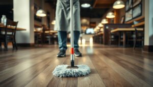 Step-by-step guide to cleaning laminate floors in a restaurant setting with proper techniques and tools.