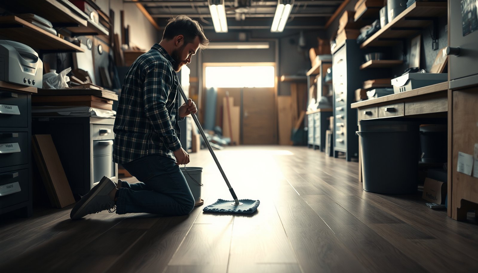 Step-by-step guide on cleaning laminate floors in a workshop environment with tools and techniques.