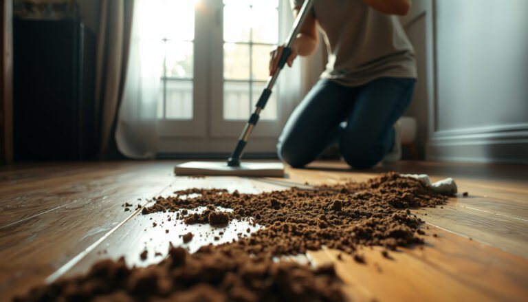 Steps to safely clean hardwood floors covered in mud, showing cleaning supplies and techniques.