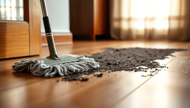 A person cleaning mud from hardwood floors without damaging the finish using a gentle method.