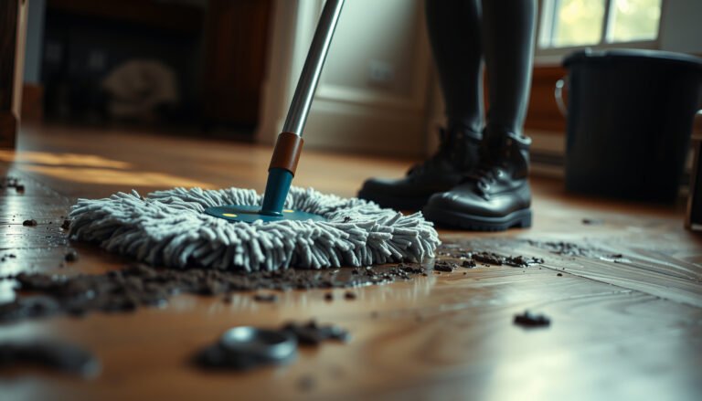 A person cleaning mud off hardwood floors using safe methods and tools.