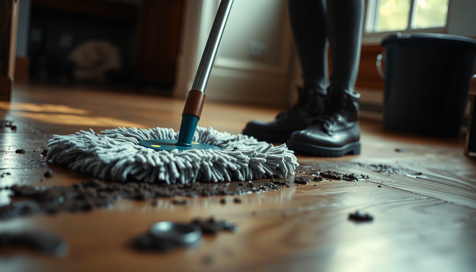 A person cleaning mud off hardwood floors using safe methods and tools.
