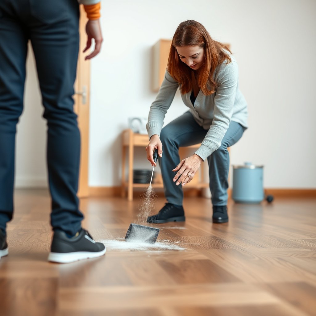 Person cleaning parquet floor to prevent micro-sand scratches and maintain its finish.