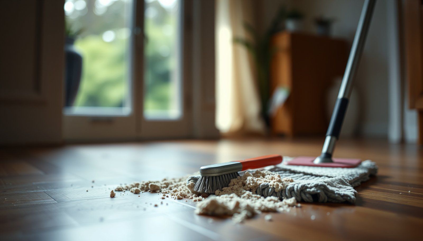 A person cleaning stubborn sand from hardwood floors with a vacuum and mop.