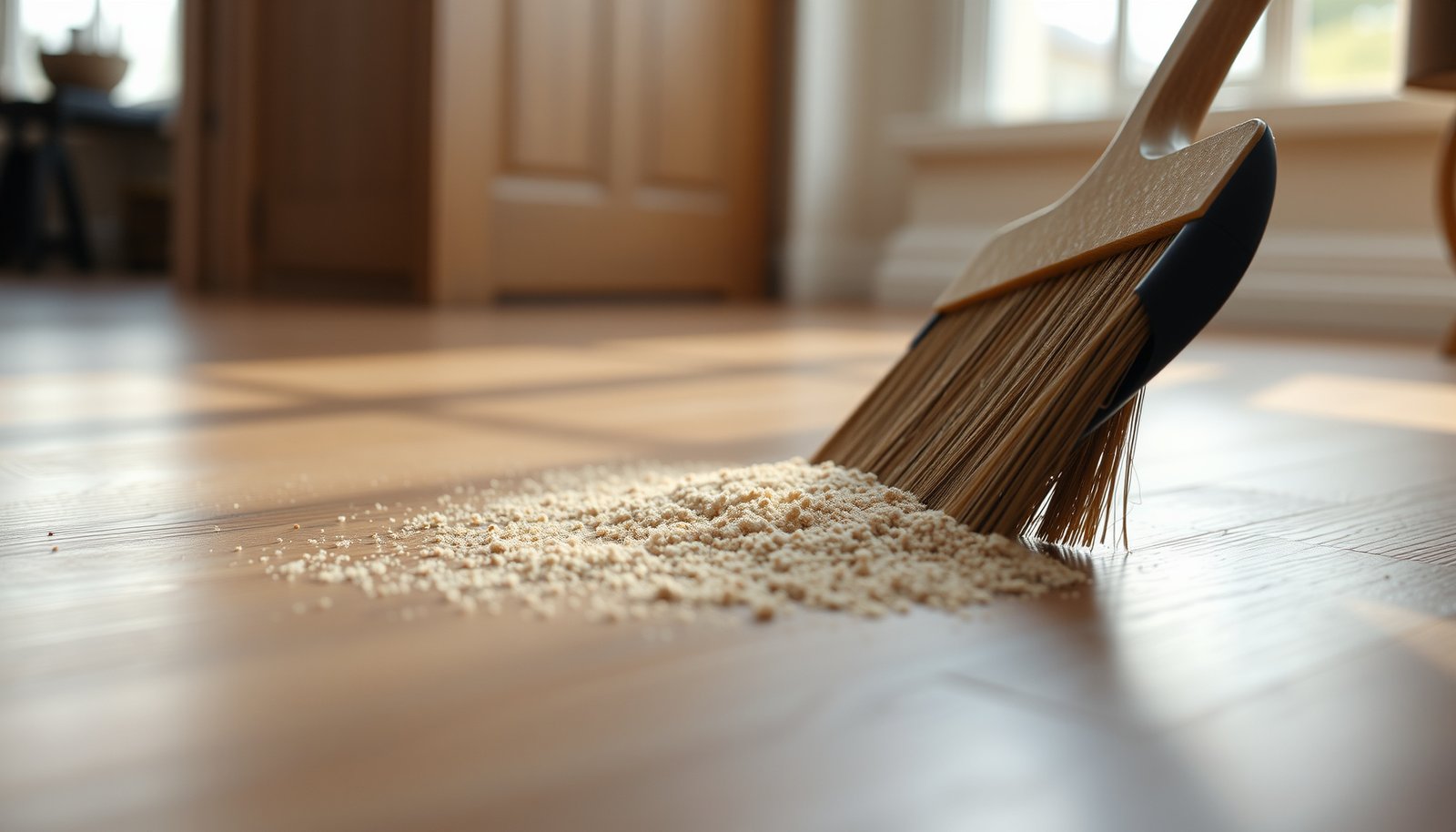 A person cleaning sand from hardwood floors without damaging the finish using safe techniques.