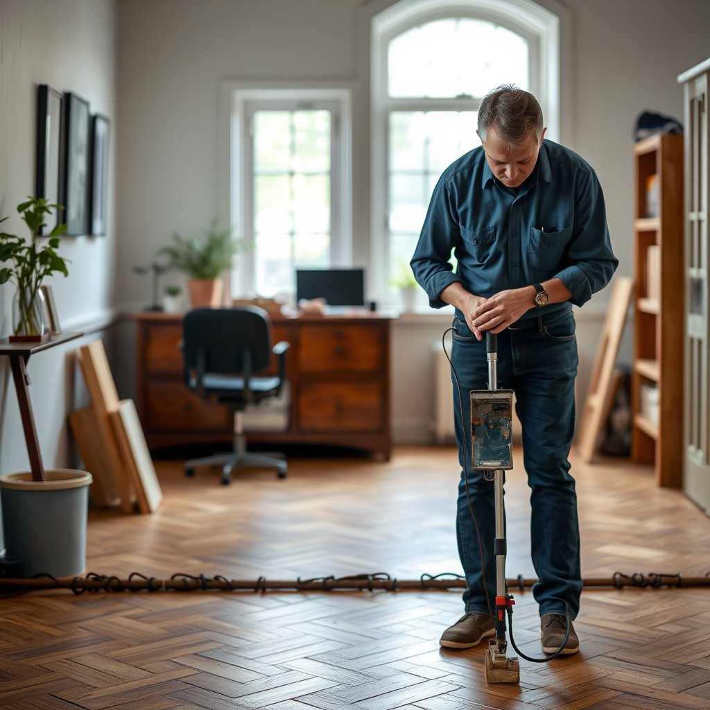 Cleaning and prepping the scratch area on herringbone floors for repair.