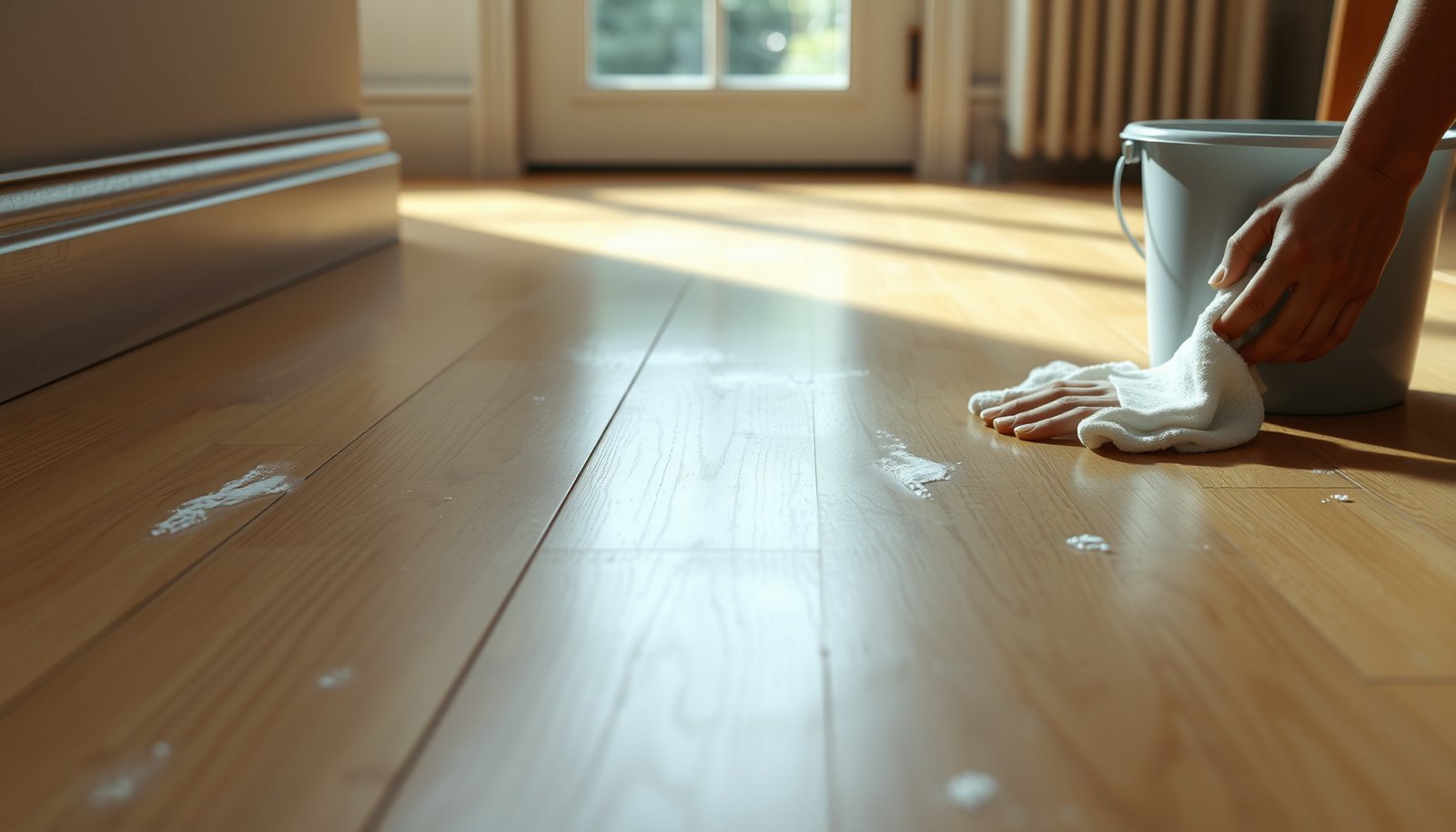 A person cleaning fresh soap scum from hardwood floors using a mop and cleaning solution.