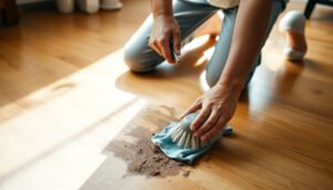 Image showing effective methods for cleaning stubborn ground-in dirt from hardwood floors.