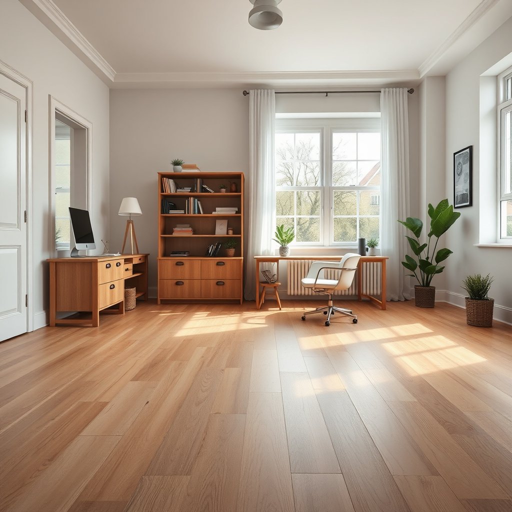 Gathering cleaning supplies for engineered wood floors in a home office setup