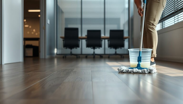 Step-by-step guide to cleaning vinyl floors in a commercial office setting.