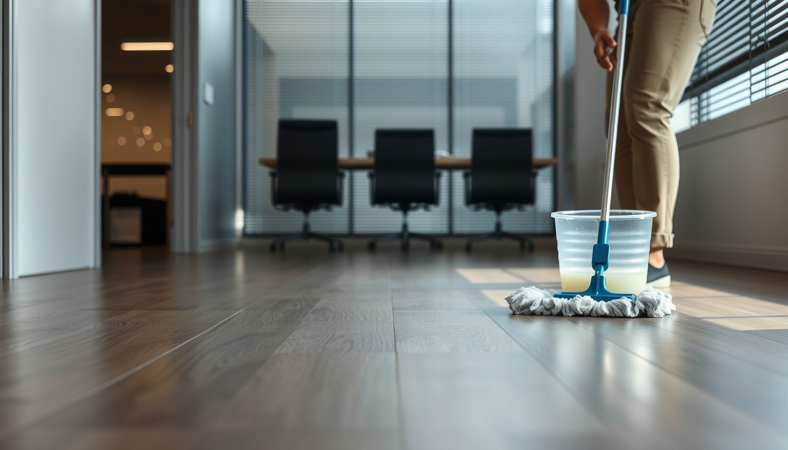 Step-by-step guide to cleaning vinyl floors in a commercial office setting.
