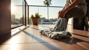 Step-by-step guide on cleaning vinyl floors in a balcony setting with cleaning tools.