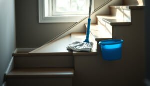 Person cleaning vinyl floors on a staircase without causing damage, using safe methods.