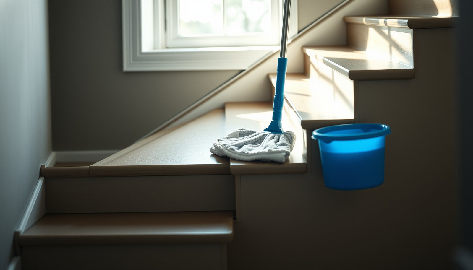 Person cleaning vinyl floors on a staircase without causing damage, using safe methods.