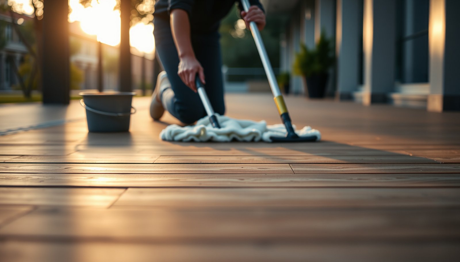 Step-by-step guide on cleaning vinyl floors in an outdoor walkway.