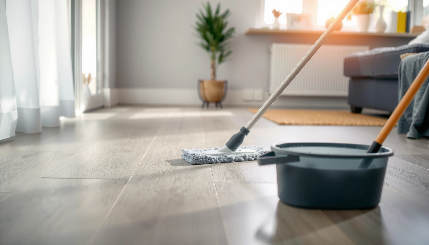 A person cleaning vinyl floors carefully to avoid damage while maintaining shine and cleanliness.