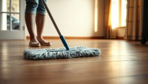 A person cleaning wood-look tile floors using safe methods to avoid damage.