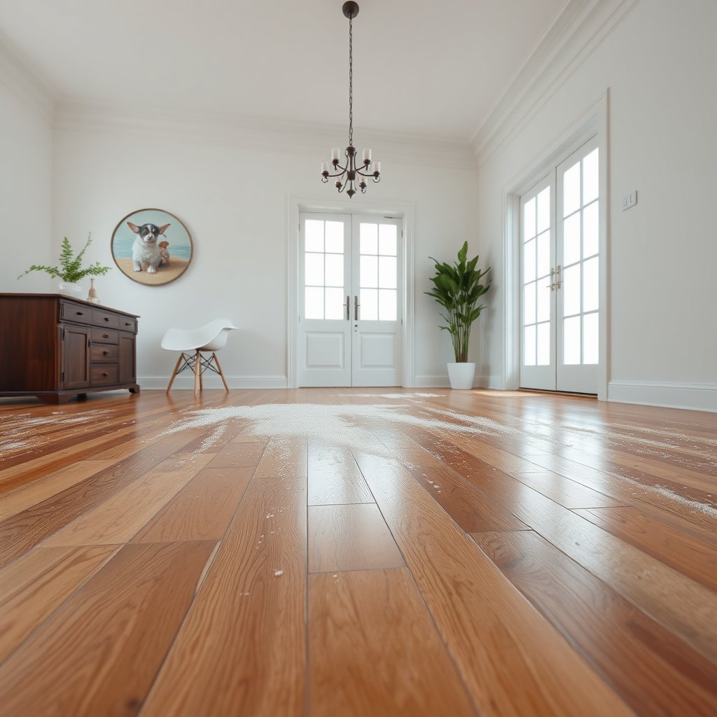 A person sweeping loose grit from hardwood floors to prevent scratching during cleaning.