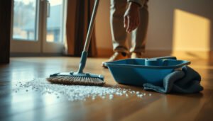 A person cleaning road salt from hardwood floors using safe methods and tools.