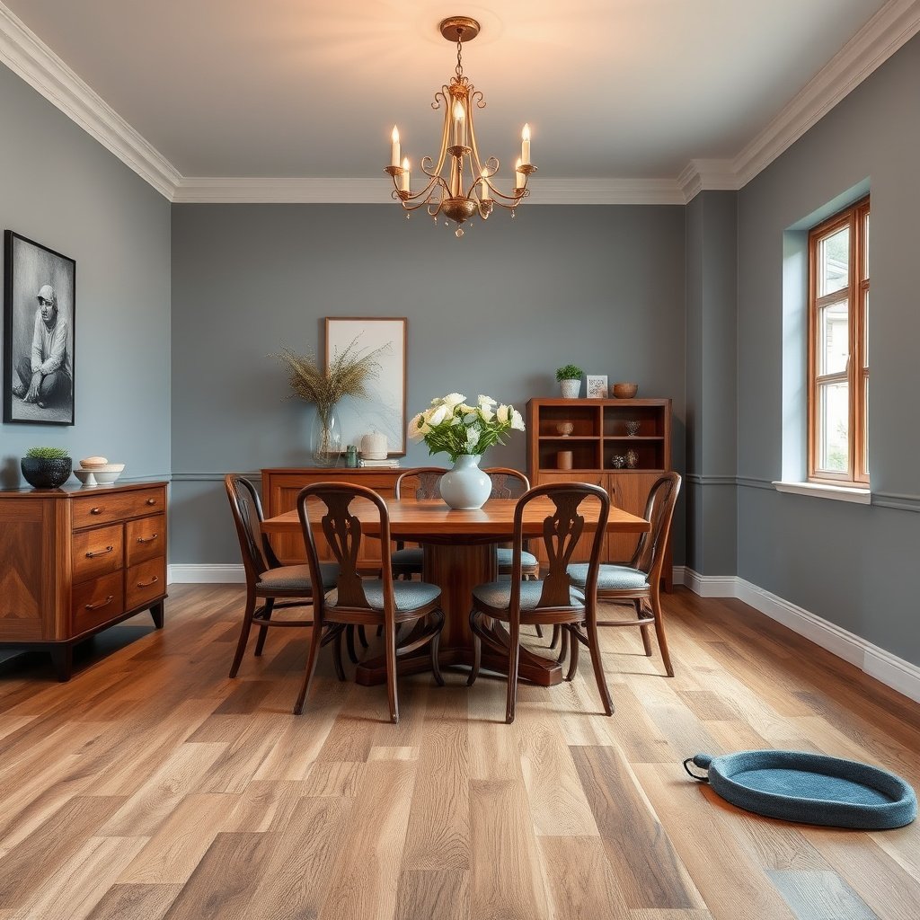 A dining room being cleared to prepare for engineered wood floor installation, checking the subfloor.