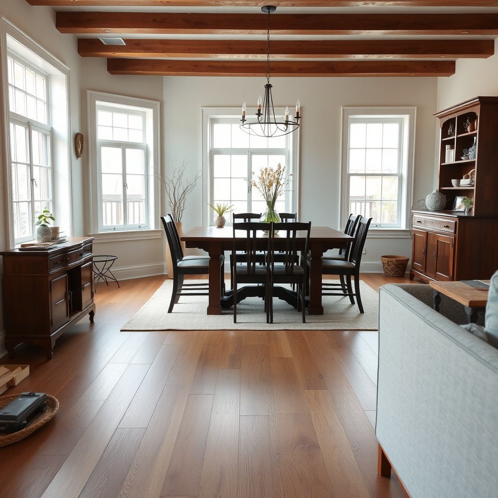 A dining room cleared of furniture, showing hardwood floor ready for assessment and preparation.