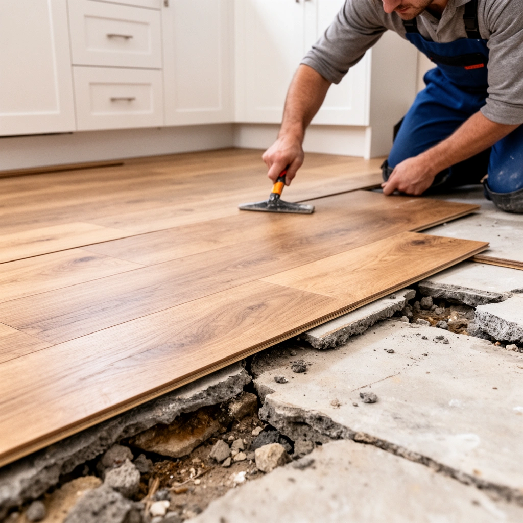 Image showing common mistakes when installing kitchen floors on uneven surfaces and tips to avoid them.