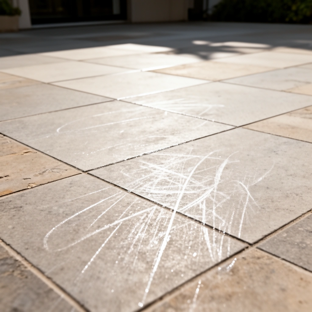 Image illustrating common causes of scratches on patio floors, including furniture and pet claws.