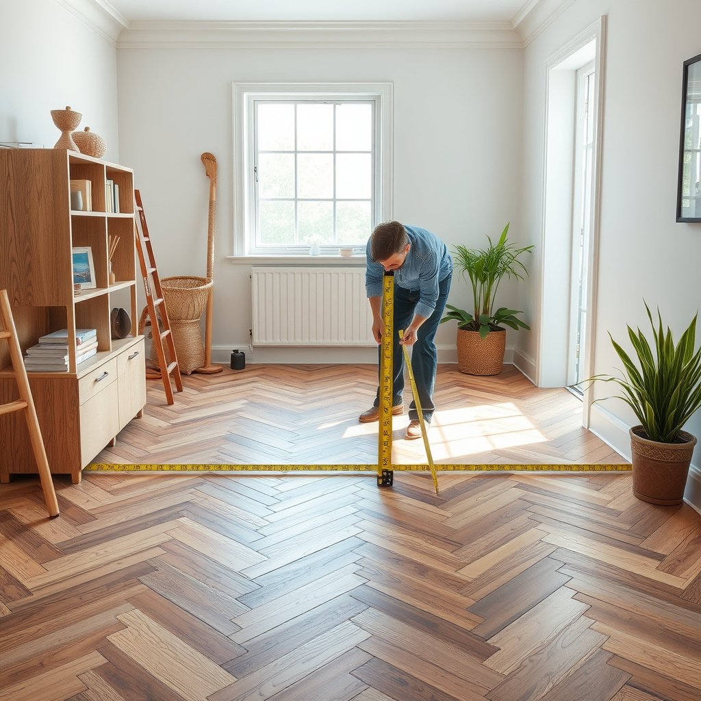 Preparation step for measuring chevron floors, confirming the layout design before installation.