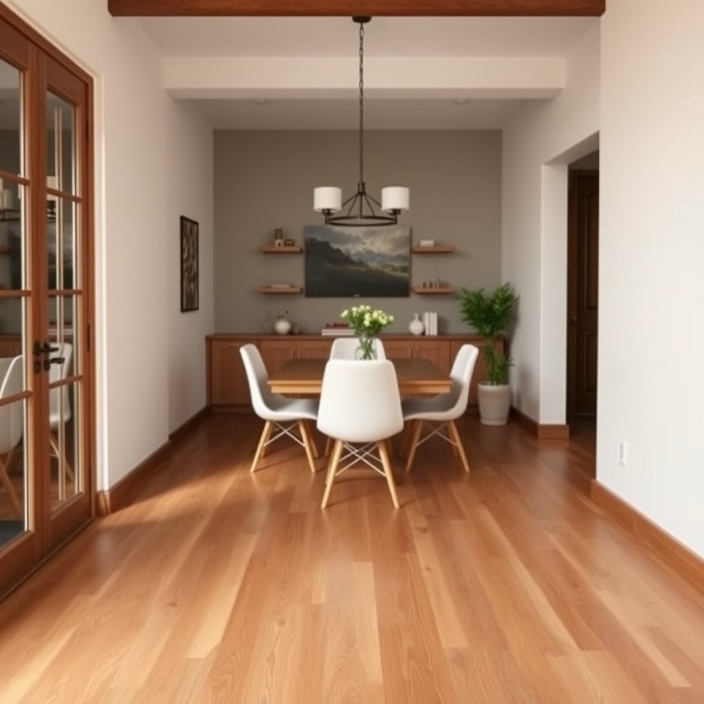 Measuring the flatness of engineered wood floors before installation in a dining room.