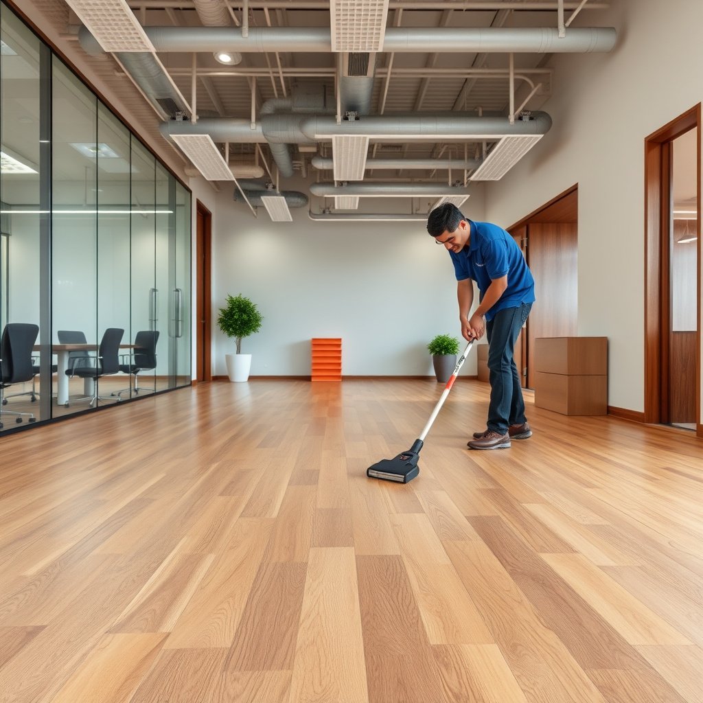 Inspecting the installation method of hardwood floors in a commercial office for removal.