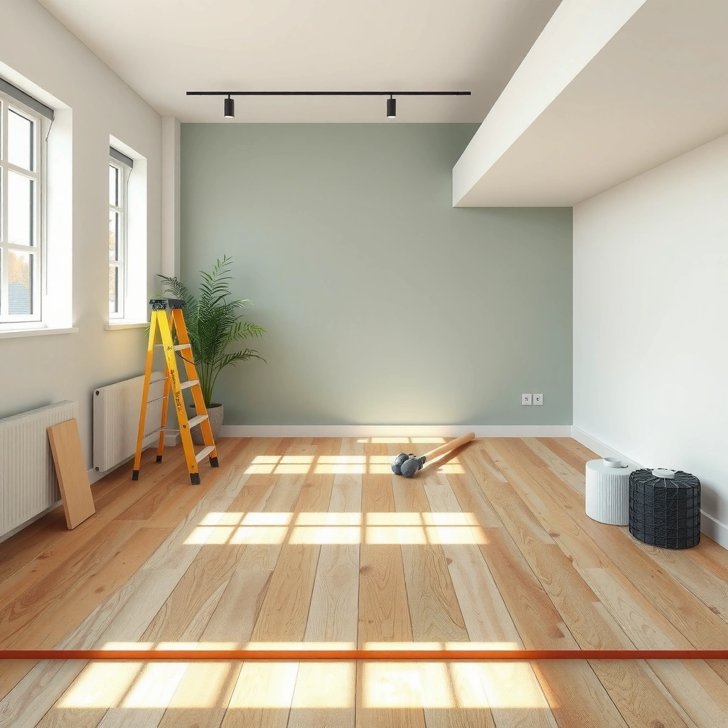 Checking plywood for suitability before applying polyaspartic floor coating to avoid movement issues.