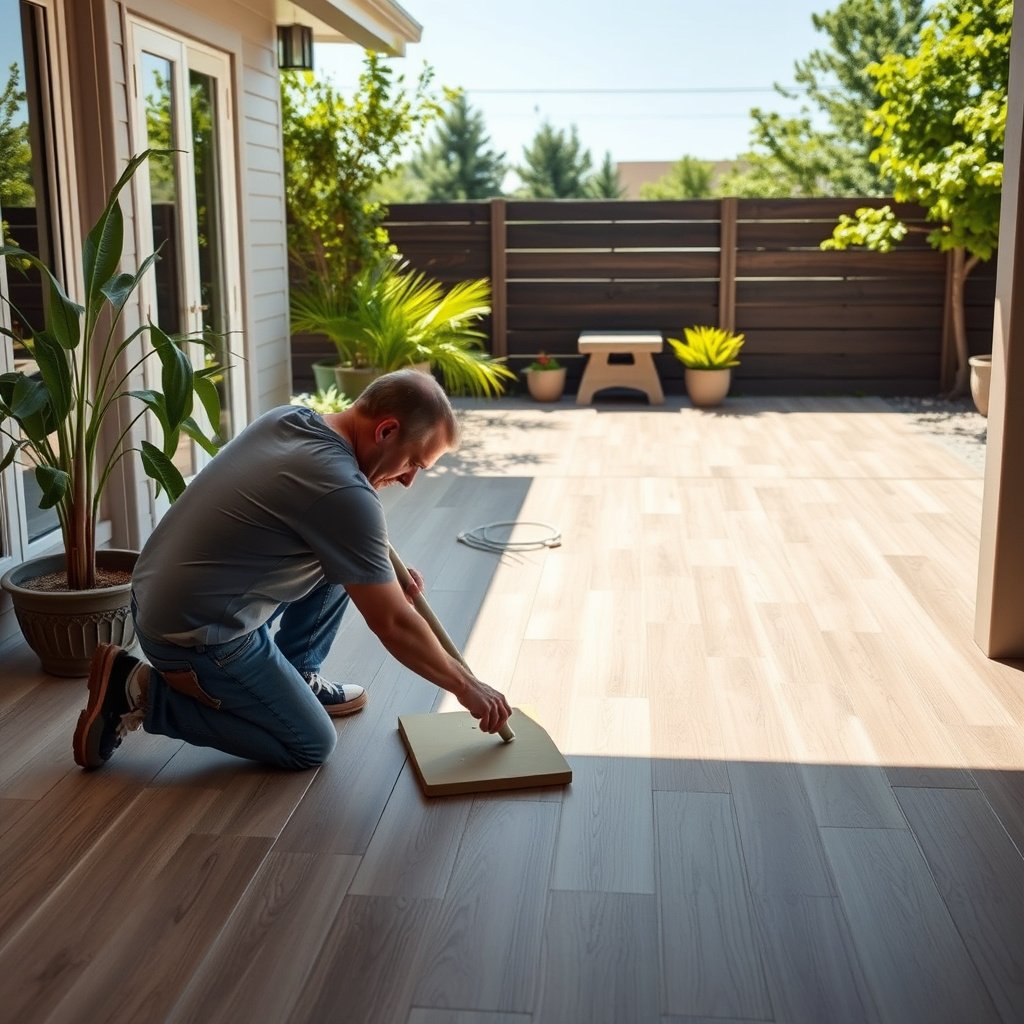 Checking if vinyl flooring is suitable for outdoor use in patio preparation.