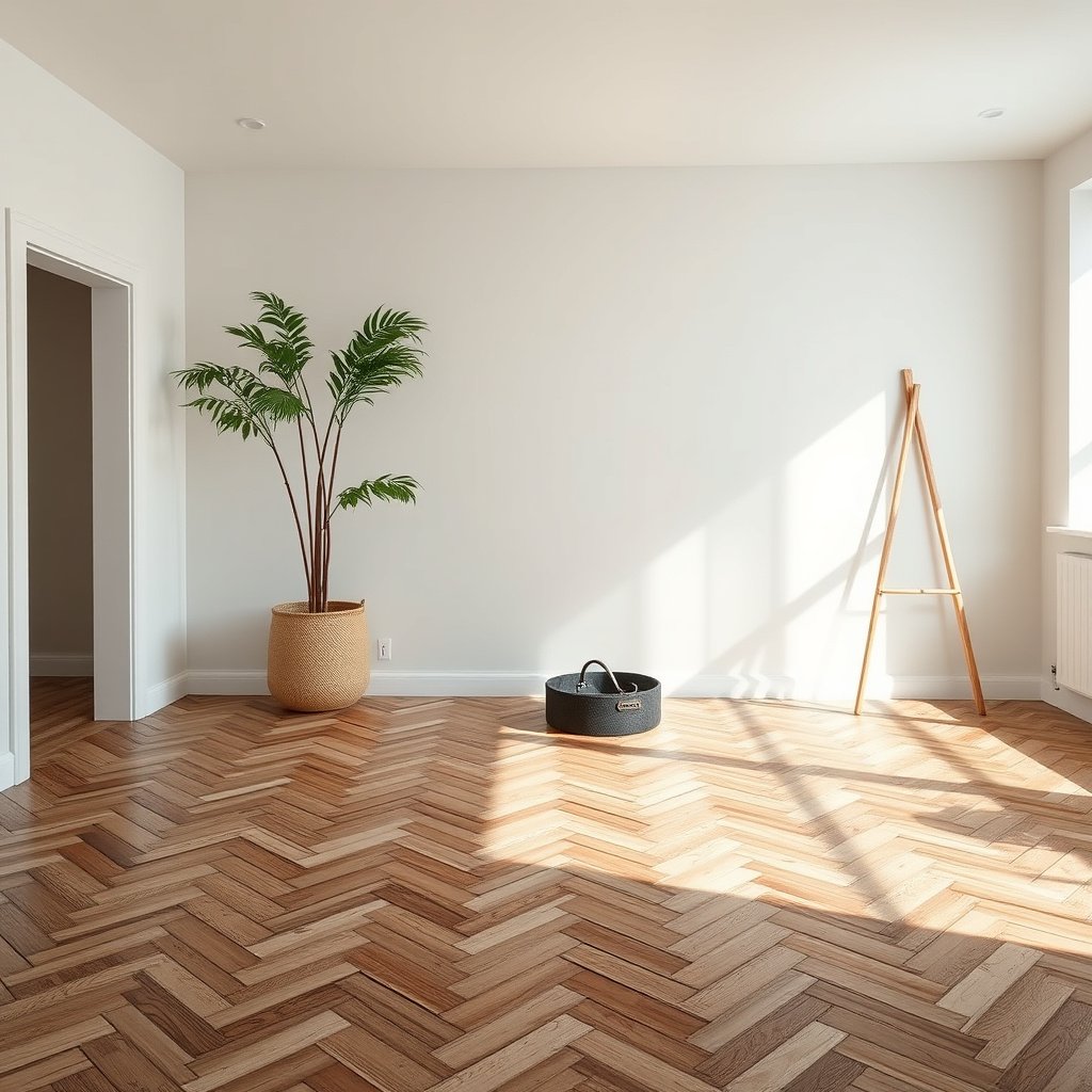 Checking the condition of an existing herringbone floor before installation.