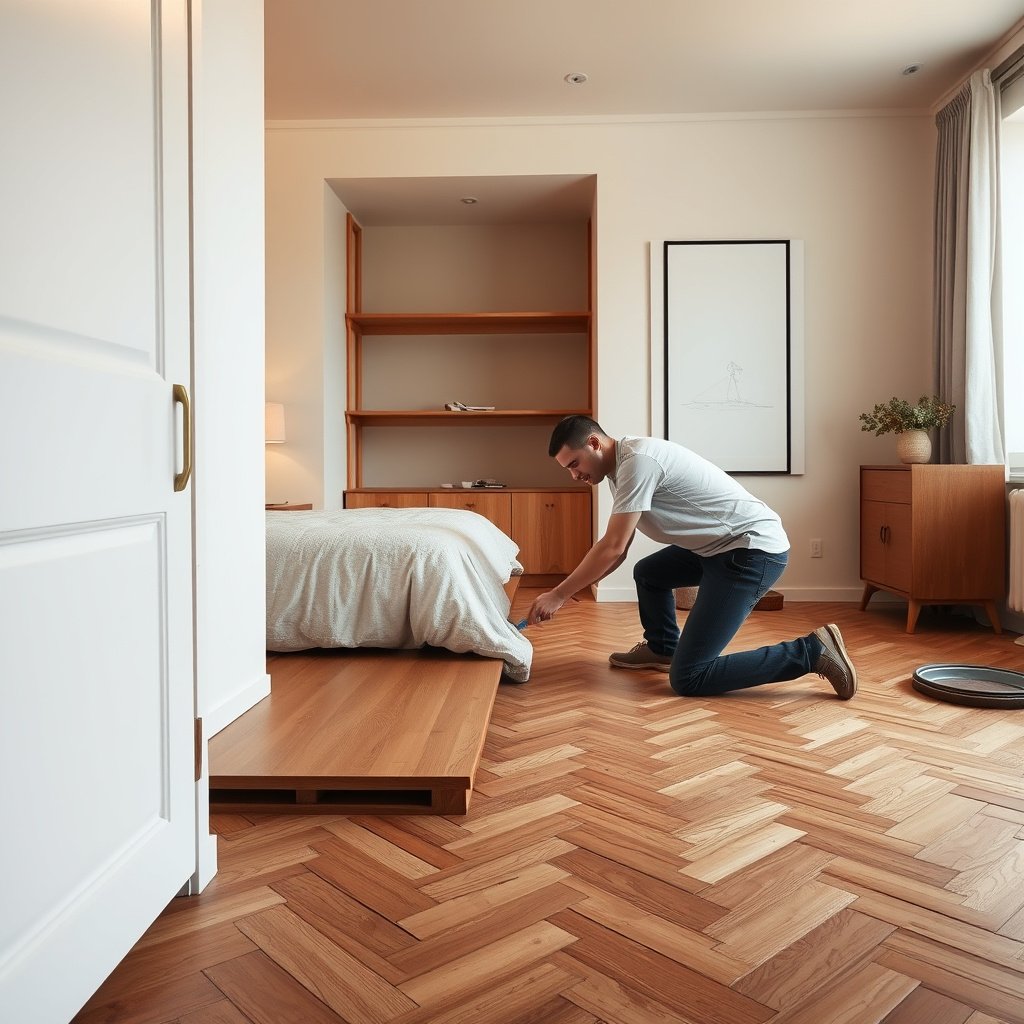 A close-up of herringbone flooring installation, showing how to continue the pattern and make precise cuts.