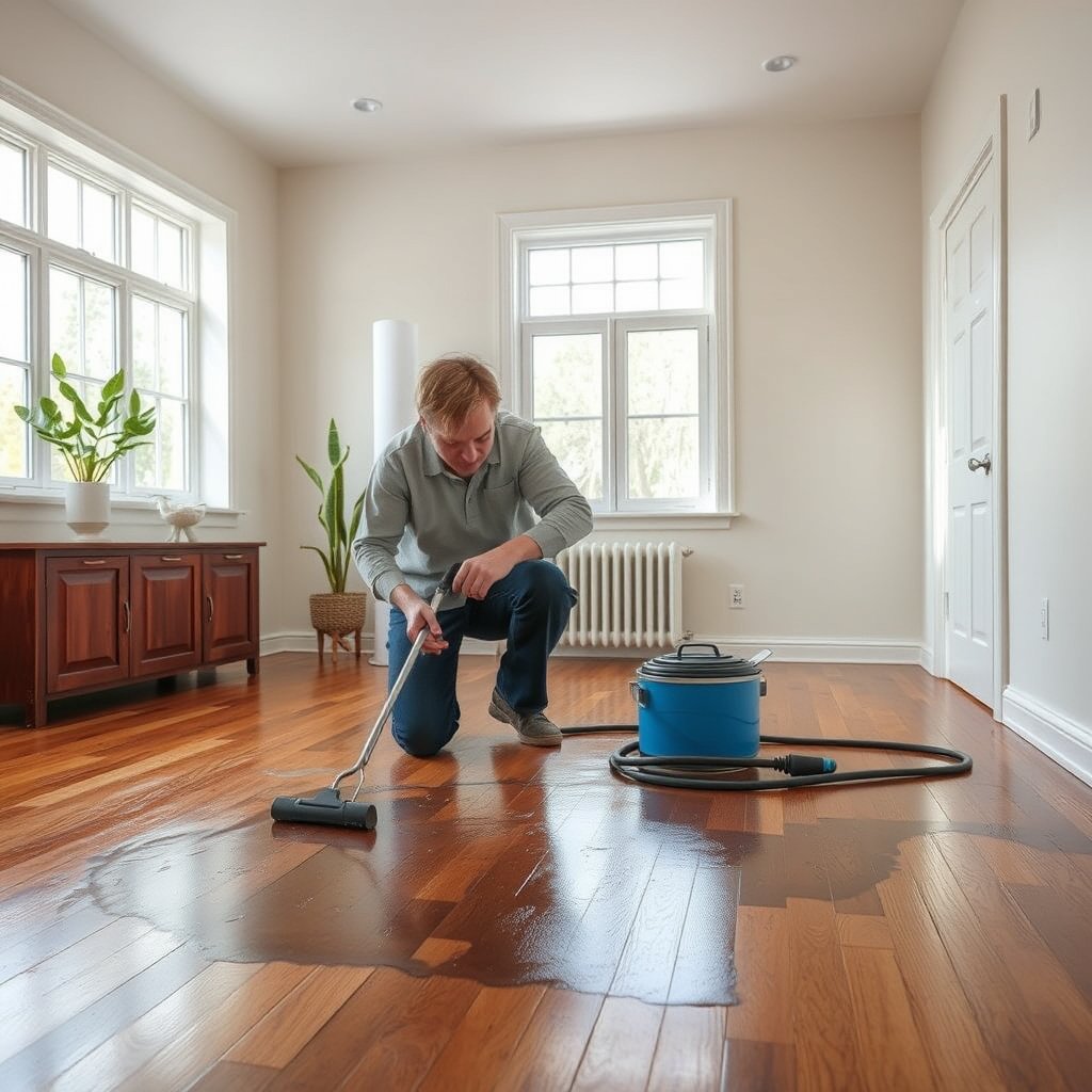 Image showing humidity control measures for preventing water damage to hardwood floors in a warehouse