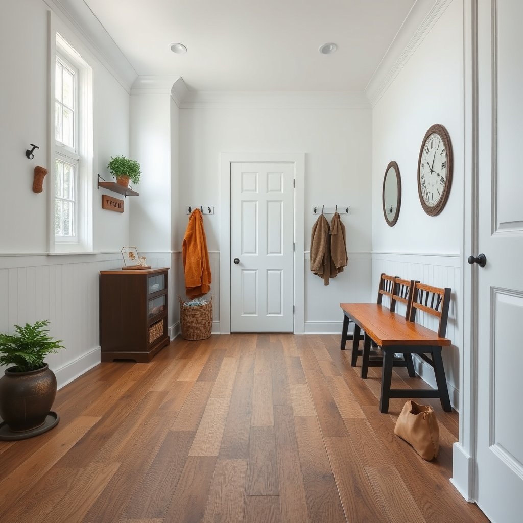 Image showing a mudroom floor with shoes on a mat to control moisture on engineered wood floors.