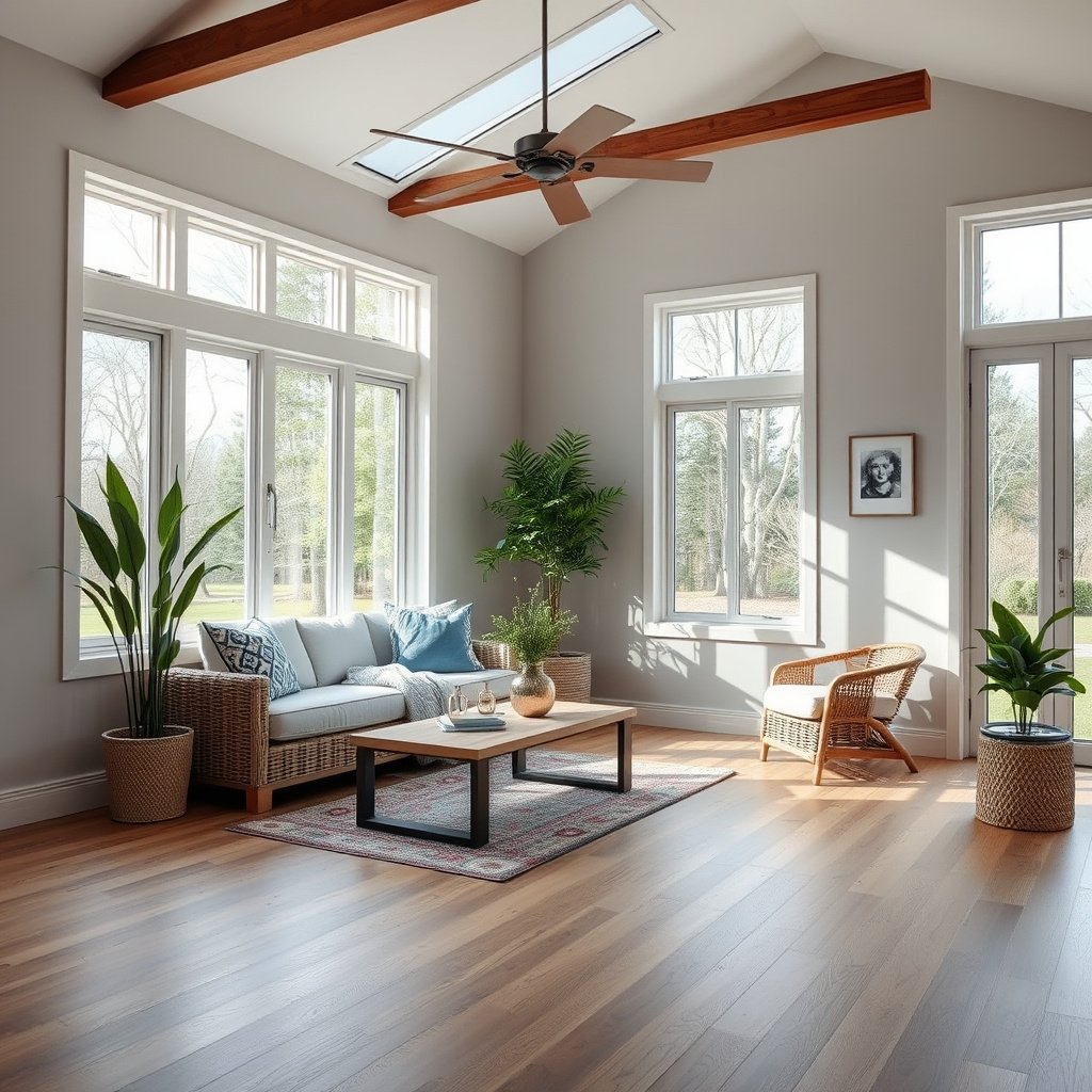 Image illustrating methods to control moisture and temperature for engineered wood floors in a sunroom