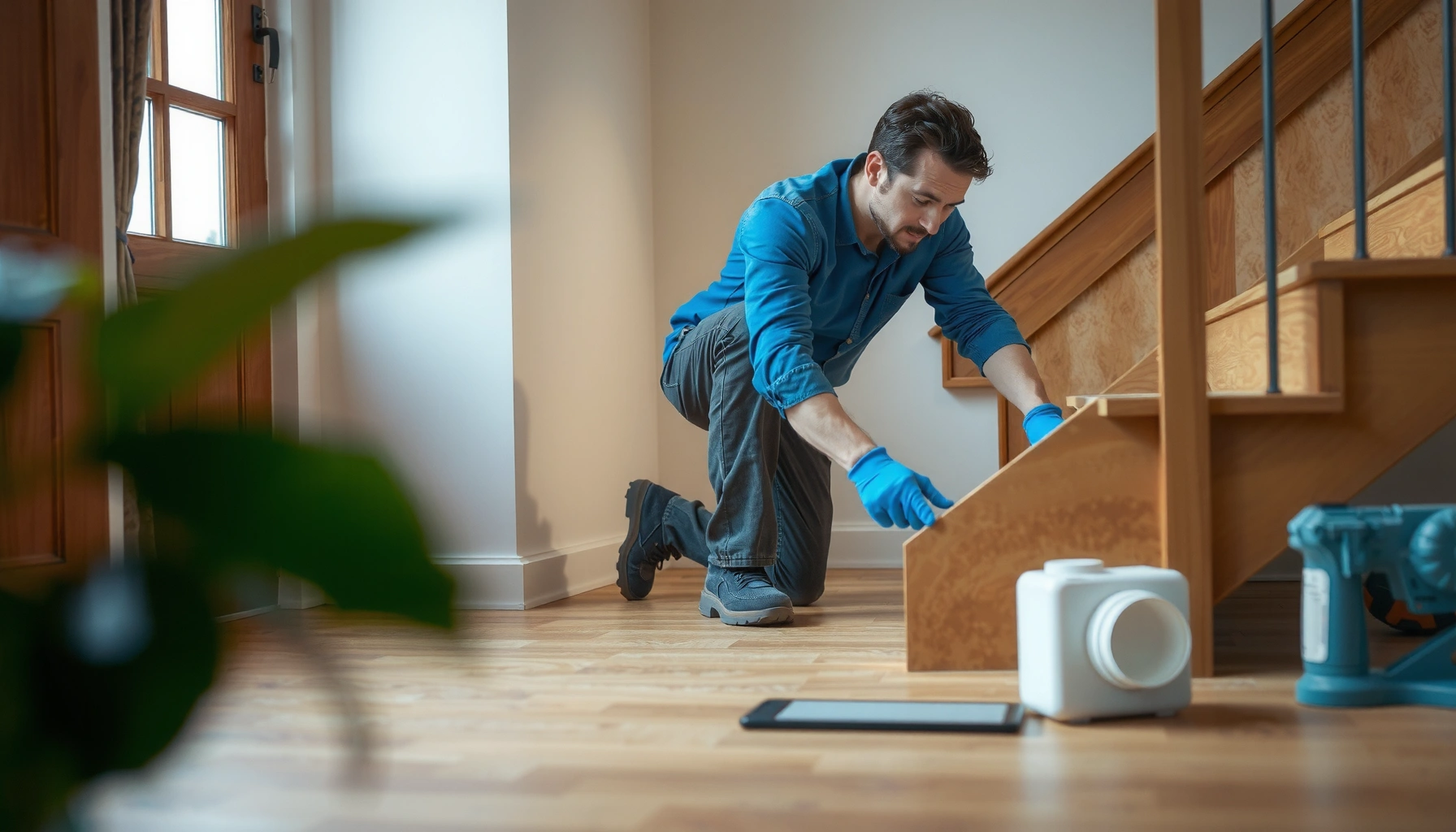 Step-by-step guide on installing cork floors on stairs with tools and materials shown