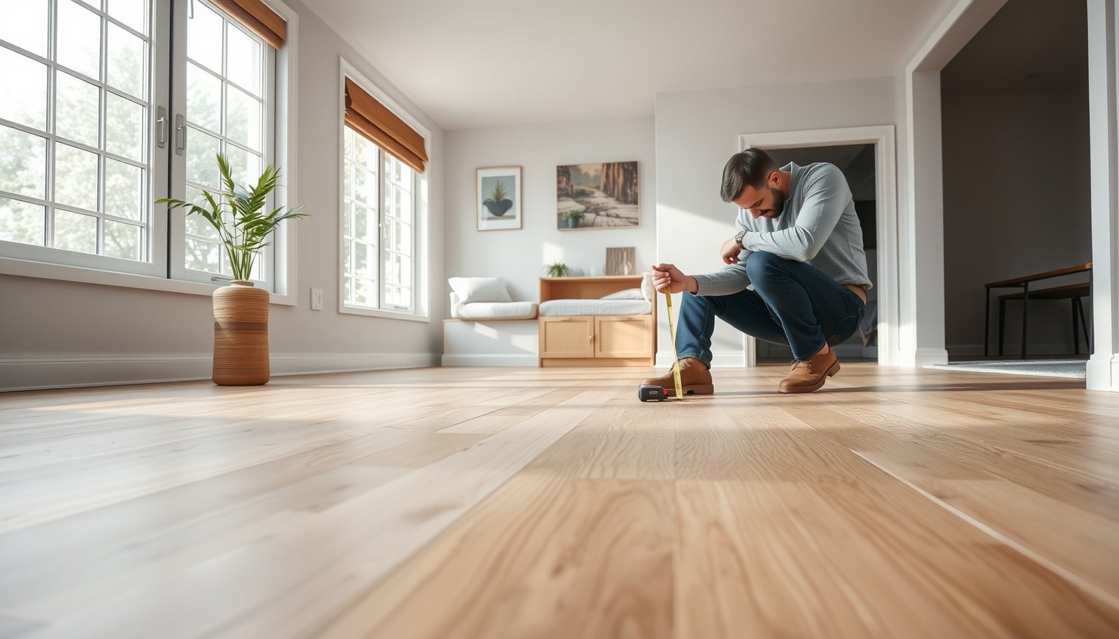 Living room with engineered wood floors, showcasing cost estimation for flooring options.