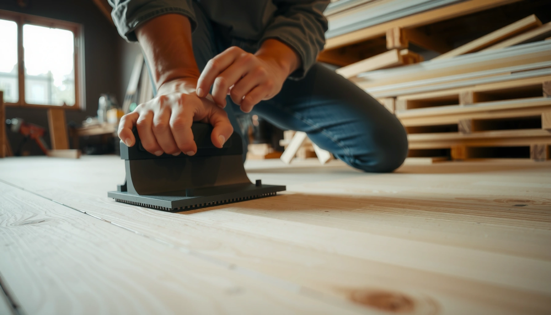 A person cutting engineered wood flooring with a saw for clean, accurate cuts.