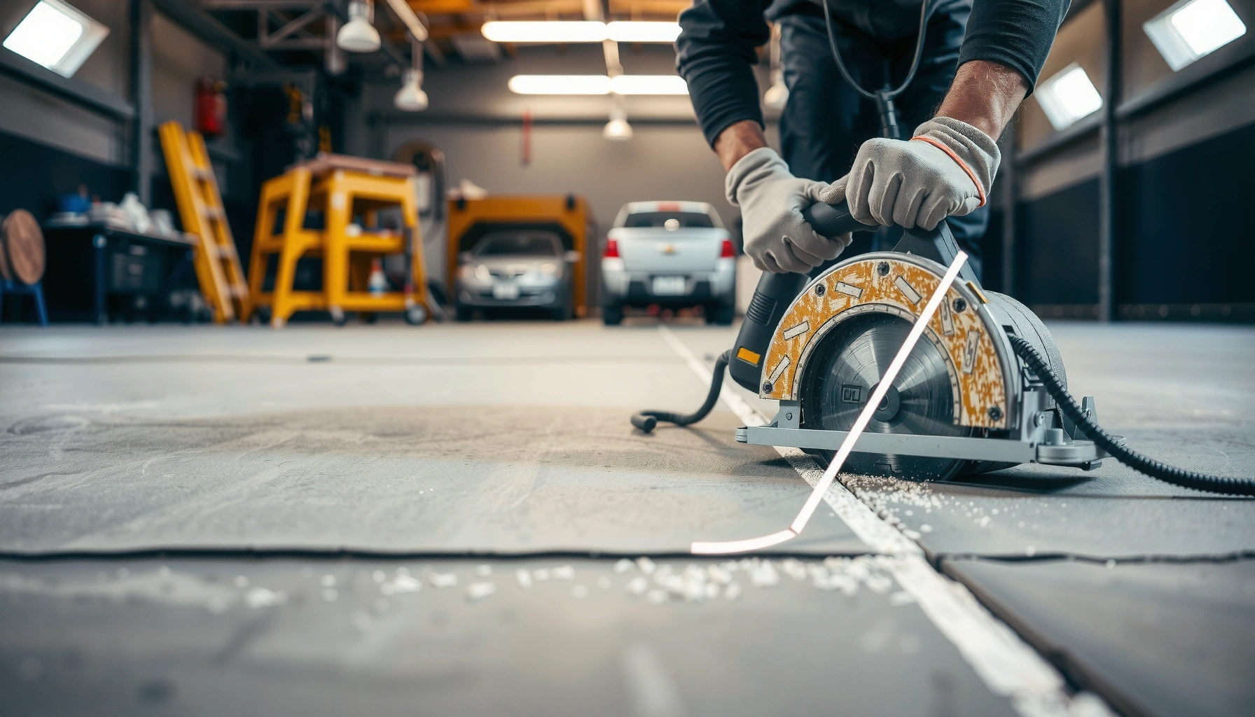 A person demonstrating safe techniques for cutting garage floors with a saw.