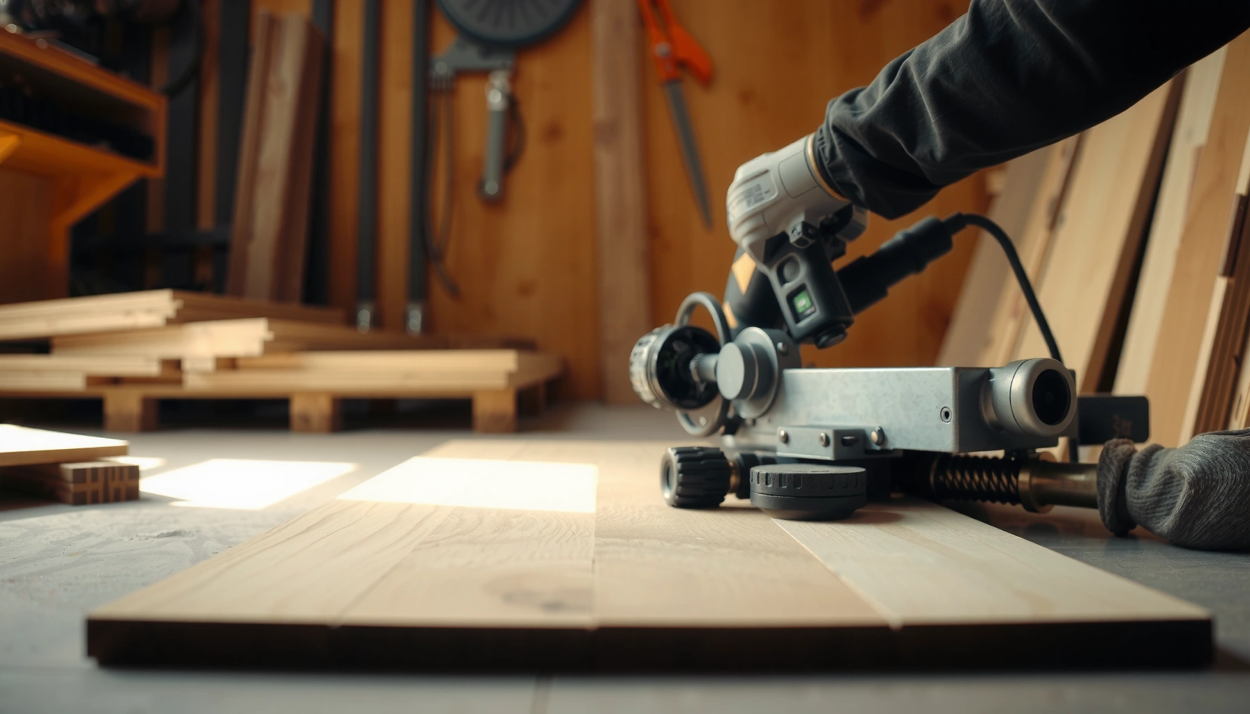 A person using a saw to cut hardwood flooring with precision for a clean finish.