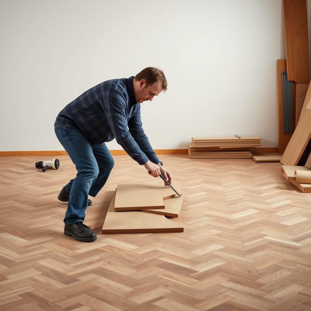 Cutting full planks, ends, and corners for herringbone flooring installation.