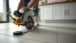 A person demonstrating how to cut kitchen floors with clean, straight cuts using a saw.