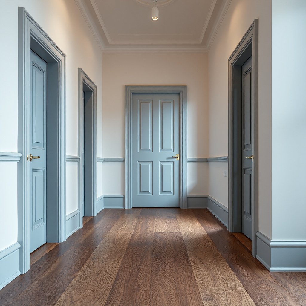 Craftsman cutting clean notches around a door jamb for parquet flooring installation.